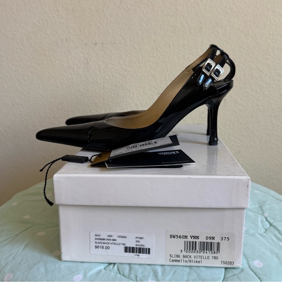 VINTAGE Versace Black Sling back Heels Womens size 37 1/2 - Picture 2 of 16
